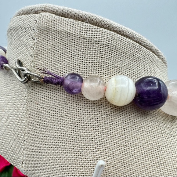 Vintage Gemstone Beaded Multistrand Choker Necklace Agate Amethyst Quartz 16” - Picture 13 of 16